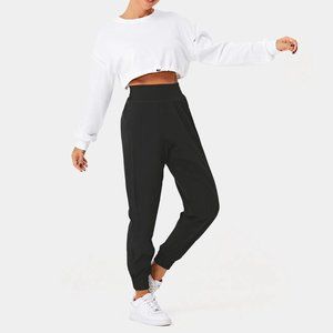 High Waisted Elastic Waistband Casual Joggers - Black - Medium - Petite